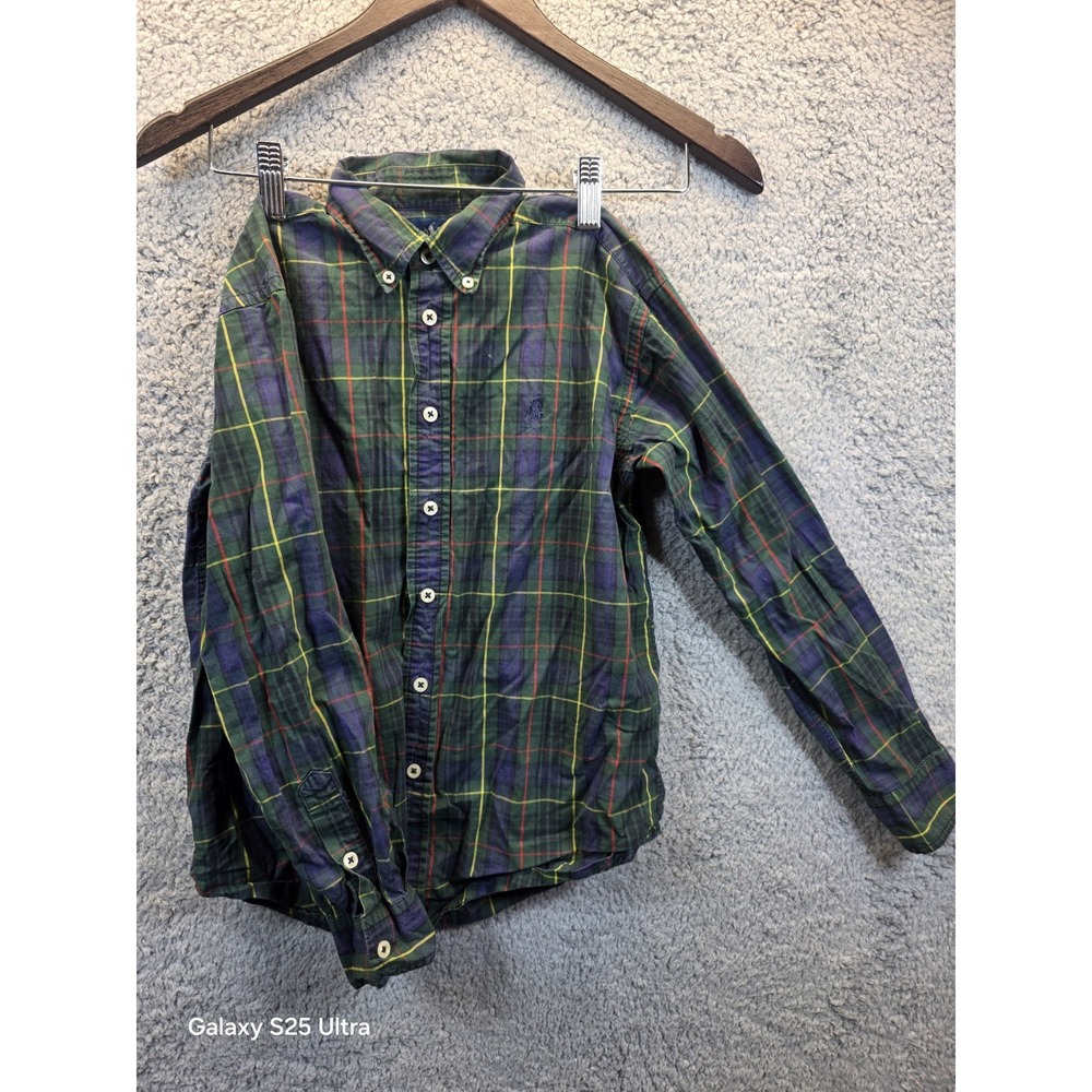 Ralph Lauren Size Md 12/14‎ Boy Shirt Tartan Plaid Green Navy Long Sleeve